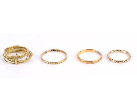 Four rings including one multiband ring in 9 ct, one in 9 ct, size D, one in 18 ct size L and one in 22 ct size ICondition Re