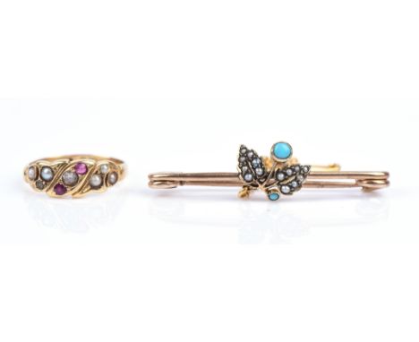 An antique diamond ruby and pearl ring, in 18 ct gold, ring size H, together with a turquoise and pearl bar brooch in 9 ctCon