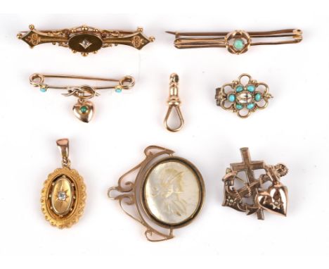 Collection of items including a diamond set bar brooch in stamped 15 ct, a bar brooch set with turquoise in 9 ct, a swivel cl