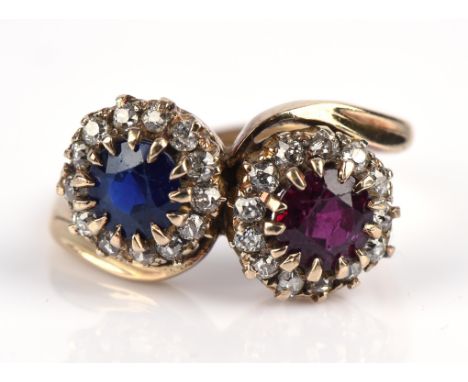 Sapphire, ruby and diamond dress ring, round cut sapphire estimated weight 0.86 carat, round cut ruby 1.00 carat, surrounded 