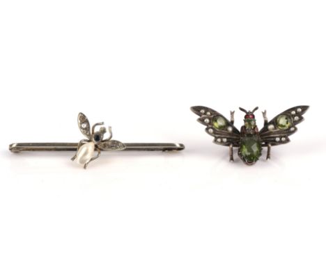 Two bug brooches including a gold plated paste bug bar brooch and a silver paste and seed pearl butterfly hair clip, stamped 