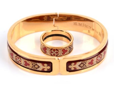Frey Wille gothic style bangle, red, white, gold enamel detail, in gilt metal, inside bangle signed 'M.Frey Wille', size S,  