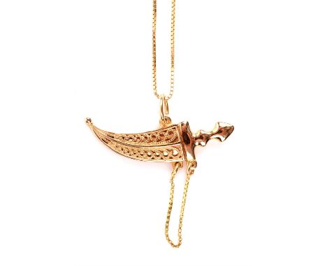 Jambiya dagger necklace, with dagger pendant that can be removed from its sheath, in 18 ct, on an 18 ct box chain, with bolt 