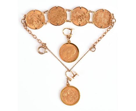 Half sovereign bracelet and earrings, bracelet set with four half sovereigns, with George V and Victoria busts, in 9 ct mount