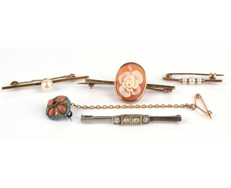 Five brooches, including a antique coral and enamel brooch, a diamond set bar brooch, and three 9 ct gold bar brooches includ