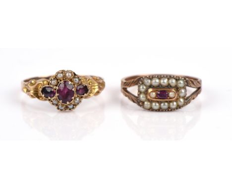 Two rings, one late Victorian garnet and pearl ring, with scrollwork shoulders, in 9 ct, size O½, together with a ruby and pe