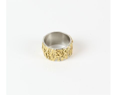 Contemporary texture bi- coloured wedding band, 10mm platinum band with yellow gold detailing to the surface, ring size MCond