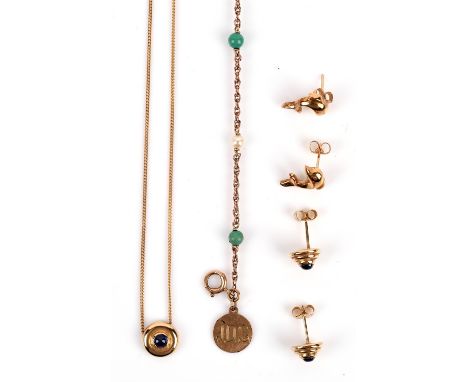 A group of 9 ct jewellery, including a pair of dolphin earrings, a pair of sapphire cabochon earrings with matching necklace,