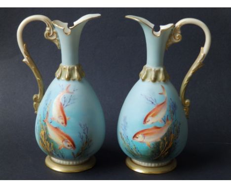 A small pair of Royal Worcester porcelain ewers painted by Harry Davies with goldfish - 2259, puce marks, 6" high. (2) - poss