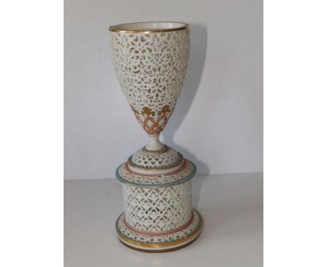 A Graingers Worcester porcelain reticulated stemmed vase standing on circular pedestal, sparingly painted in gold &amp; turqu