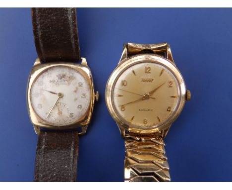 A gent's Tissot 9ct gold Automatic wrist watch on plated strap and an older  Tissot 'Non-Magnetic'  9ct watch on leather stra
