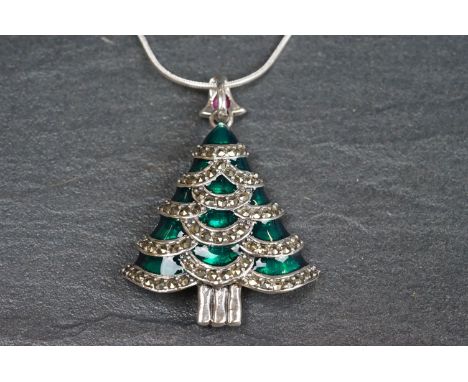 Silver and enamel set Christmas tree pendant necklace 