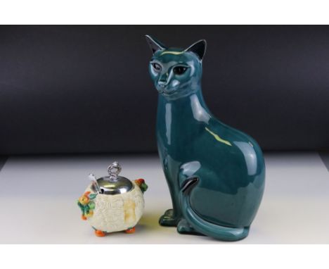 Clarice Cliff Celtic Harvest Preserve Jar and Spoon together with a Large Poole Pottery Blue Glazed Seated Cat, 29.5cms high 