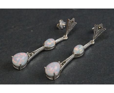 Pair of silver, marcasite &amp; opal panelled drop earrings 