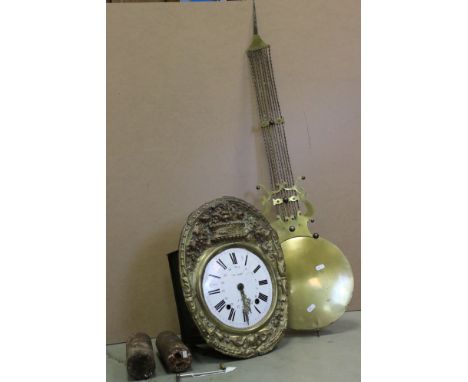 19th century French Hook and Spike Hanging Wall Clock with alarm, with brass embossed face with white enamel dial set with Ro