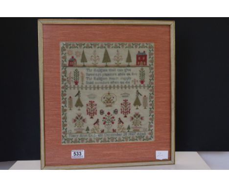 Early 19th century Needlework Sampler by Mary Ann ?????, December 26 1827 including a verse, houses, animals, birds and folia