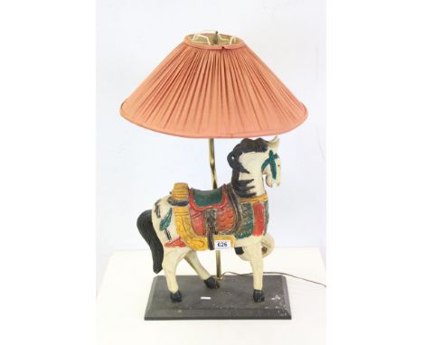 Wooden Carved Table Lamp in the form of a Chinese Horse, with shade, 70cms high 