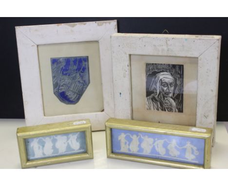 Group of four interesting framed items to include a white metal portrait, a woodcut &amp; two Wedgwood plaques (4) 