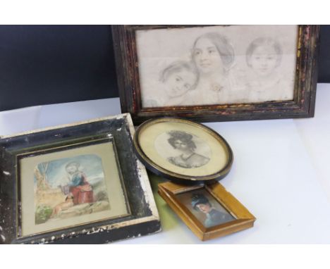 Group of four antique portraits of ladies and children, to include an oil painting portrait miniature (4) 