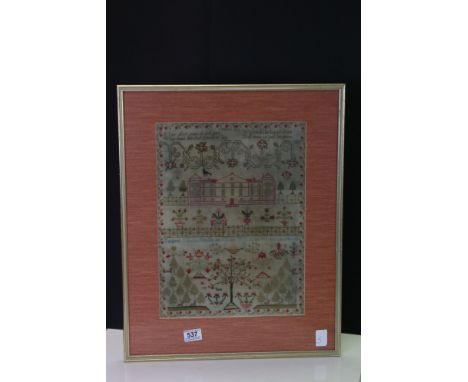 19th century Needlework Sampler by Margaret Gibson ????, 1833 including verse, Stately Home, Flowers, Trees and Animals, 31cm