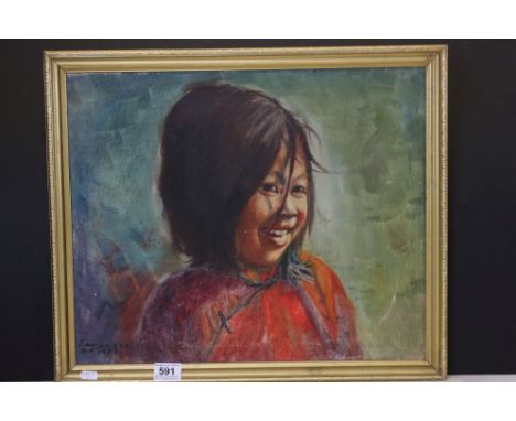 Mid 20th century oil painting, portrait of an oriental girl, approx. 41cm x 50cm 
