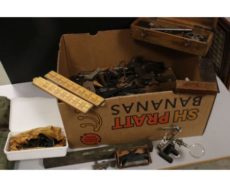 A collection of vintage tools to include Engineers and carpenters examples. 