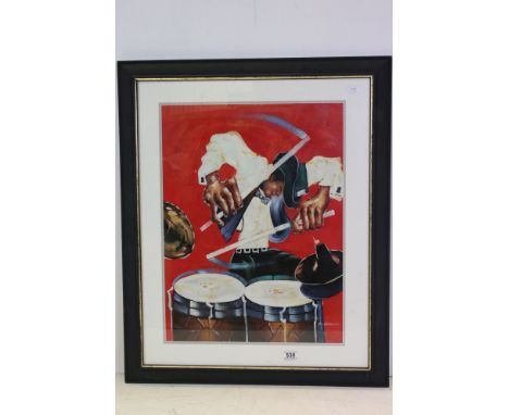 Modern School, a framed oil painting portrait of a zany drummer, signed M Harold 