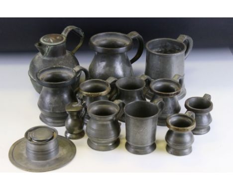 Eleven Pewter Tankards / Measures, mainly 19th century together with a Pewter Inkwell and Quill Holder plus a Copper Guernsey