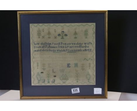 19th century Needlework Sampler by Elizabeth Lower including a verse, birds and foliage, 31cms x 31cms, framed and glazed 