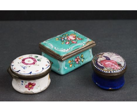 A collection of three antique Bilston enamel patch pots, two with mirrors. 