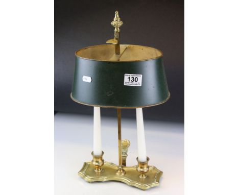 19th century Brass and Tole ware Bouillotte / Candle Lamp with and adjustable green tole painted shade, raised on a square br