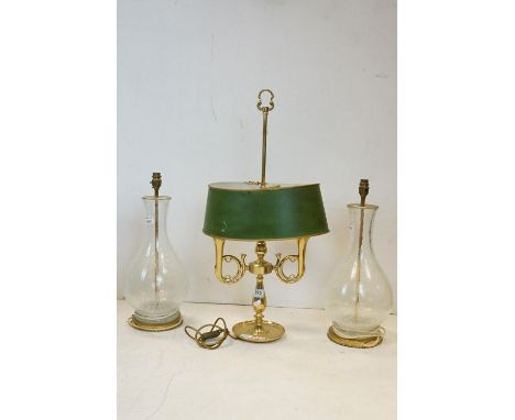 Pair of modern brass mounted crackle glaze glass lamps, approx. 50cm high overall, together with a modern brass ring twin lig