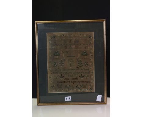Mid 19th century Needlework Sampler by Jane North, December 4, aged 11 years 1860 including the alphabet, verse, house, Chris