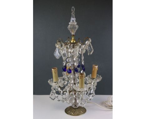 Late 19th /Early 20th century Gilt Metal and Crystal Drop Four Branch Table Lamp, 59cms high 