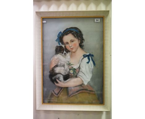 Pastel Portrait of a 19th century Girl holding a Dog, 68cms x 49cms, framed and glazed 