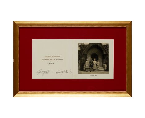 George VI, King of the United Kingdom &amp; Queen Elizabeth Signed Christmas Card 16 x 31cm, showing the King, Queen and Prin