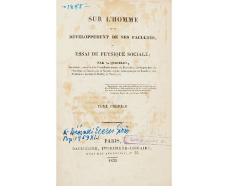 Quetelet, A. Sur L'Homme et le Developpement de ses Facultes Paris: Bachelier, Imprimeur-Libraire, 1835. First edition, 8vo, 