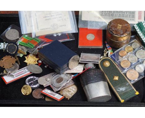 Cigar box containing a hip flask, medals &amp; badges ect 