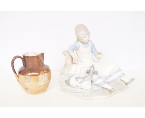 Very large Nao figurine of shepherd girl and goat (horns A/F) together with Royal Doulton lambeth jug A/F