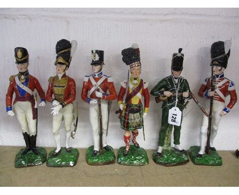 Six Sitzendorf model soldiers to include a 3rd Regt Grenadier Guards, a Coldstream Guards Officer Field Order, a Scots Guard 