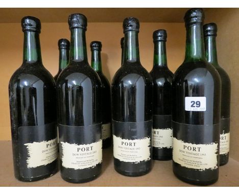 Ten bottles of Dow Vintage Port 1963, seven lower neck, three upper shoulder