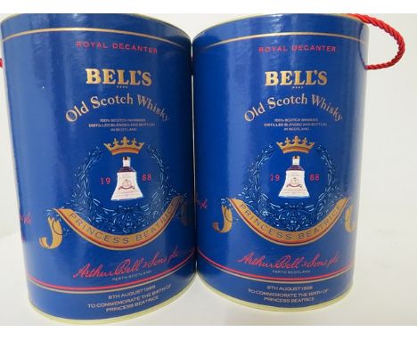 Two Bells Old Scotch Whisky Wade decanters commemorating the birth of Princess Beatrice 1988