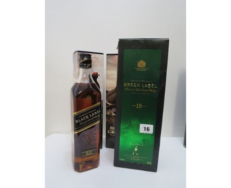 A bottle of Johnnie Walker Black Label Blended Scotch 12 year, 70cl, a bottle of Johnnie Walker Green Label aged 15 years pur