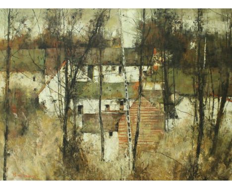 MICHEL DE GALLARD (1921-2007) "Trees before farm buildings", oil on canvas, signed lower left, approx 97 cm x 130 cm (ARR) CO