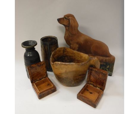 A collection of various treen ware to include two 19th Century Indian flasks, two Indian iron bound jars with engraved decora