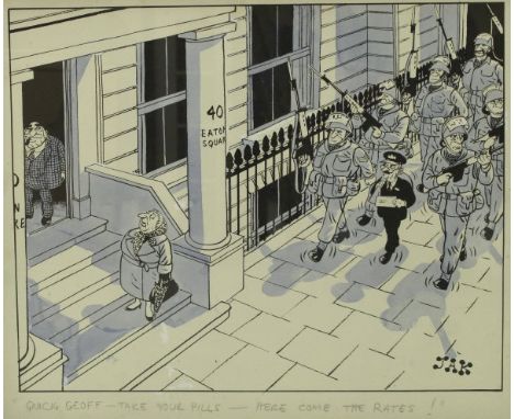 RAYMOND JACKSON aka JAK (1927-1997) "Quick Geoff - take your pills - here come the rates!", a cartoon study, pen and ink and 