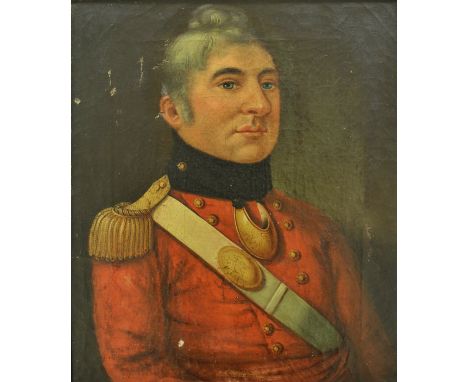 19TH CENTURY ENGLISH SCHOOL "Victorian officer in red coat and brass gorget", a portrait study, half length, oil on canvas, u