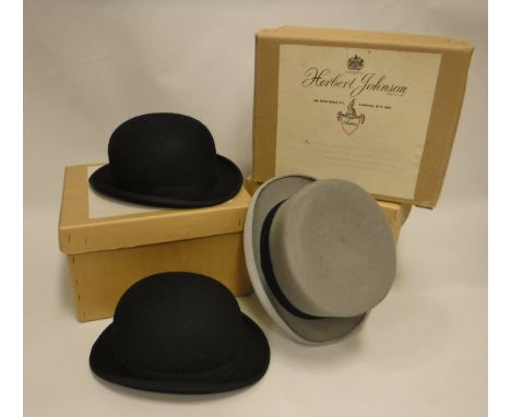 A Herbert Johnson black bowler hat in Herbert Johnson box, together with an S. Patey London Ltd black bowler hat in cardboard