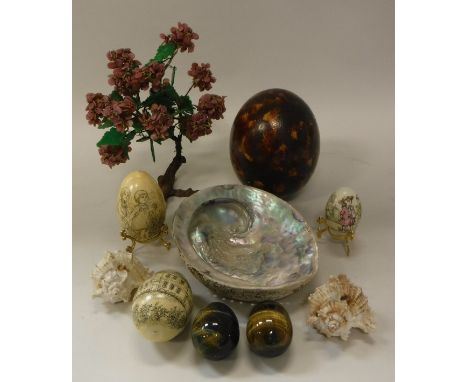 Three hand-painted eggs by Judith Fraser, one depicting "Catherine and Elizabeth McAlpine", one depicting "The Dower House 19