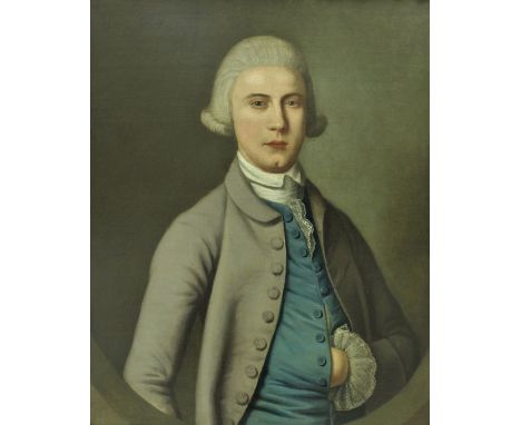 SCHOOL OF JOSEPH HIGHMORE (1692-1780) "Gentleman in grey wig and grey jacket, his left hand in the breast of his blue silk wa